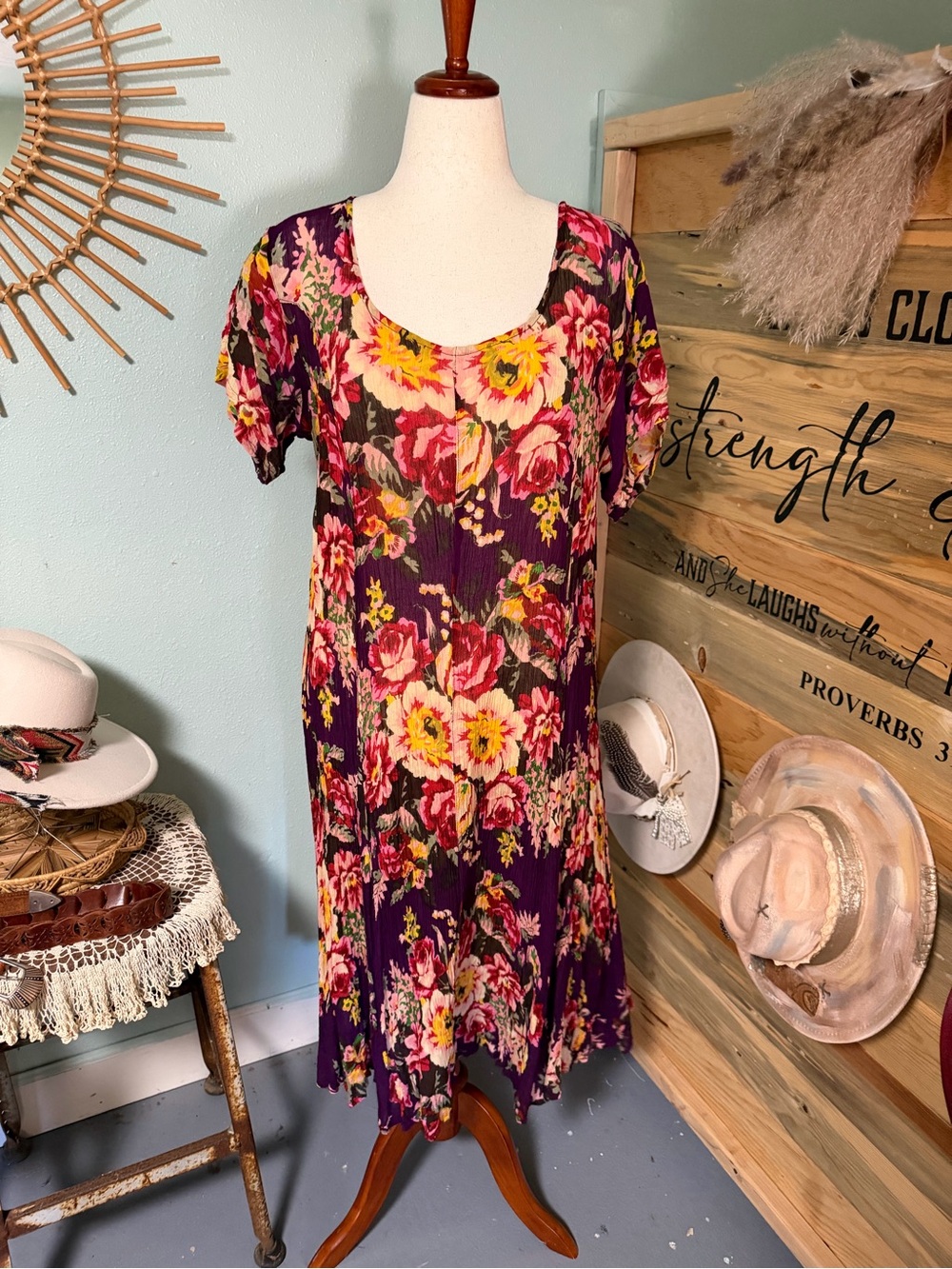 Woman Within Purple Floral Scoop Neck Midi Dress